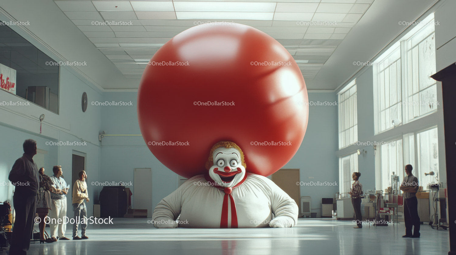 Large Scary Circus Clown with Oversized Red Balloon in Theater Setting