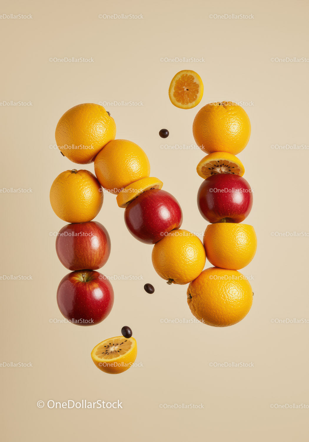 Creative Floating Stack of Apples and Oranges with Kiwi