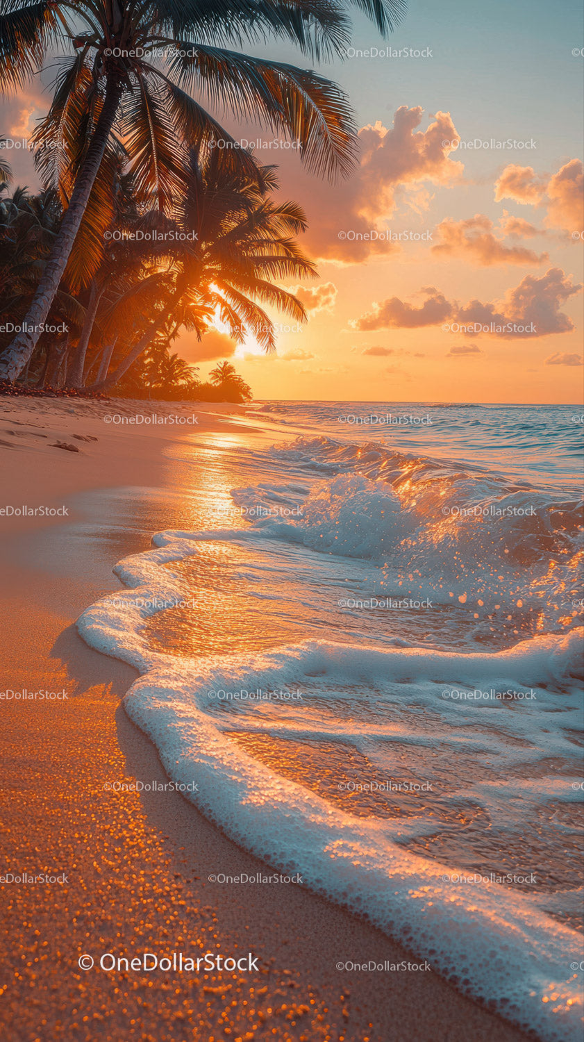 Scenic Tropical Beach Sunset with Palm Trees and Ocean Waves