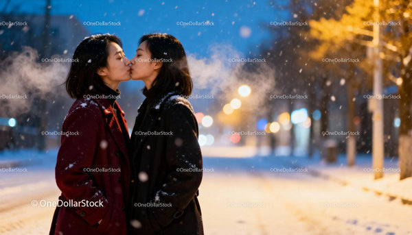 Couple sharing winter kiss on snowy city street