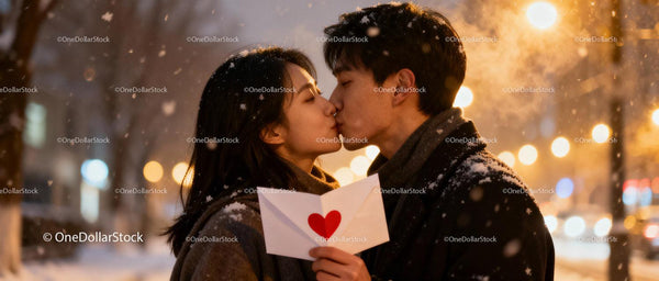 Couple sharing a tender kiss with love letter in snowy evening