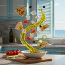 Mediterranean ingredients floating above a bowl with olive oil