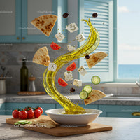 Mediterranean ingredients floating above a bowl with olive oil