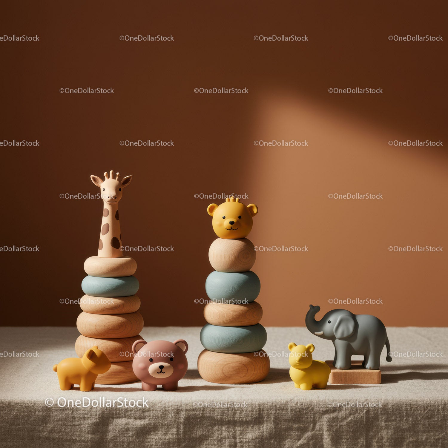 Wooden Animal Stacking Toys on Fabric Surface
