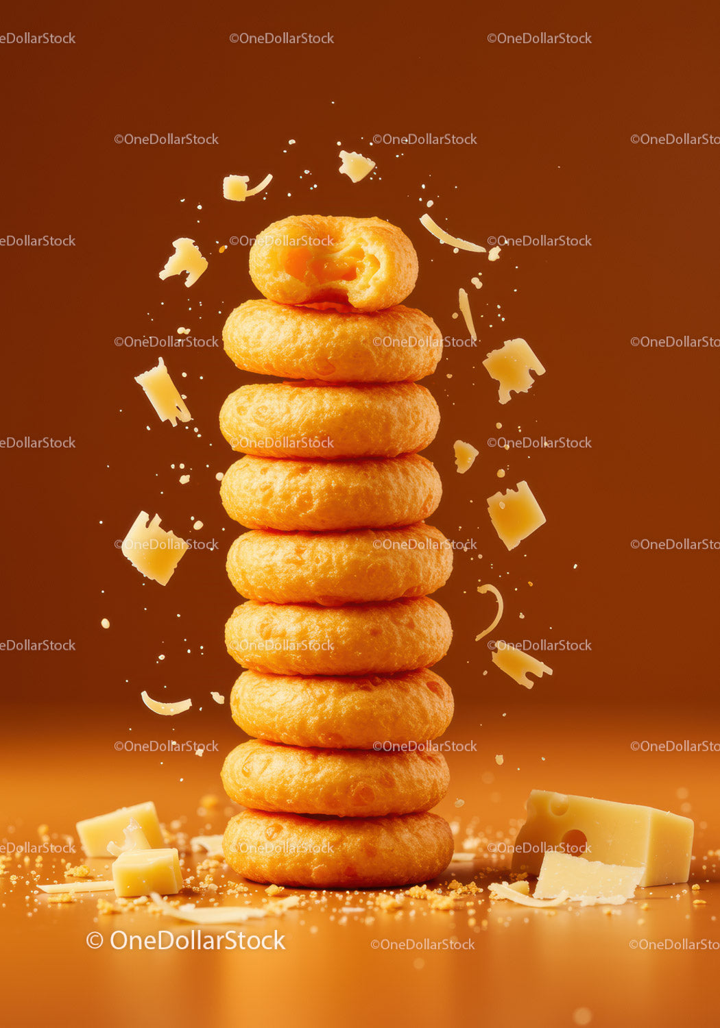Stack of Cheese Filled Doughnuts with Flying Cheese Pieces