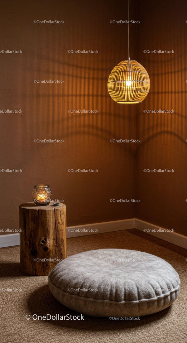 Cozy meditation corner with soft cushion and warm light