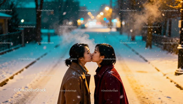 Couple sharing a kiss on snowy winter street at night