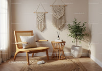 Cozy minimalist corner with rattan chair and indoor plant
