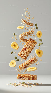 Healthy oat granola bars with banana slices and seeds