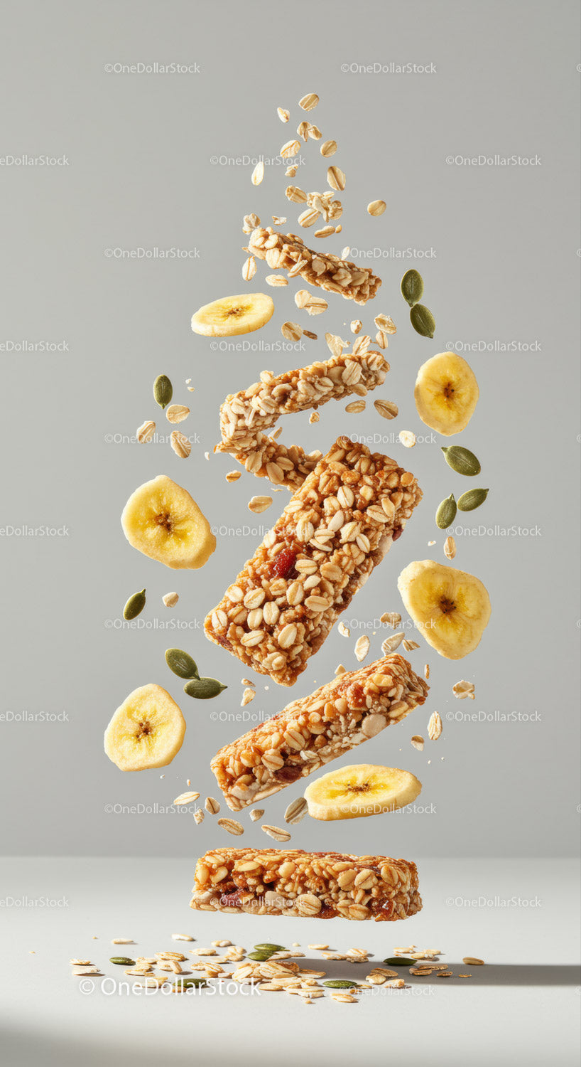 Zdrowe batony owsiane z granolą, plasterkami banana i nasionami