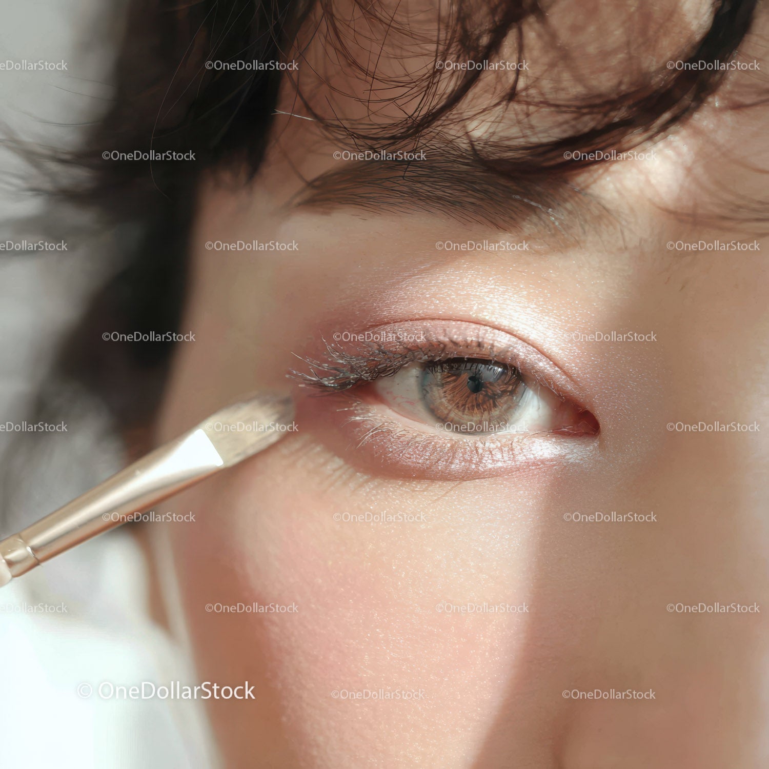 Close-Up of a Woman Applying Eye Makeup with Cosmetic Brush