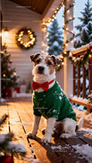 Festive Dog Wearing Sweater and Bow Tie on Snowy Porch