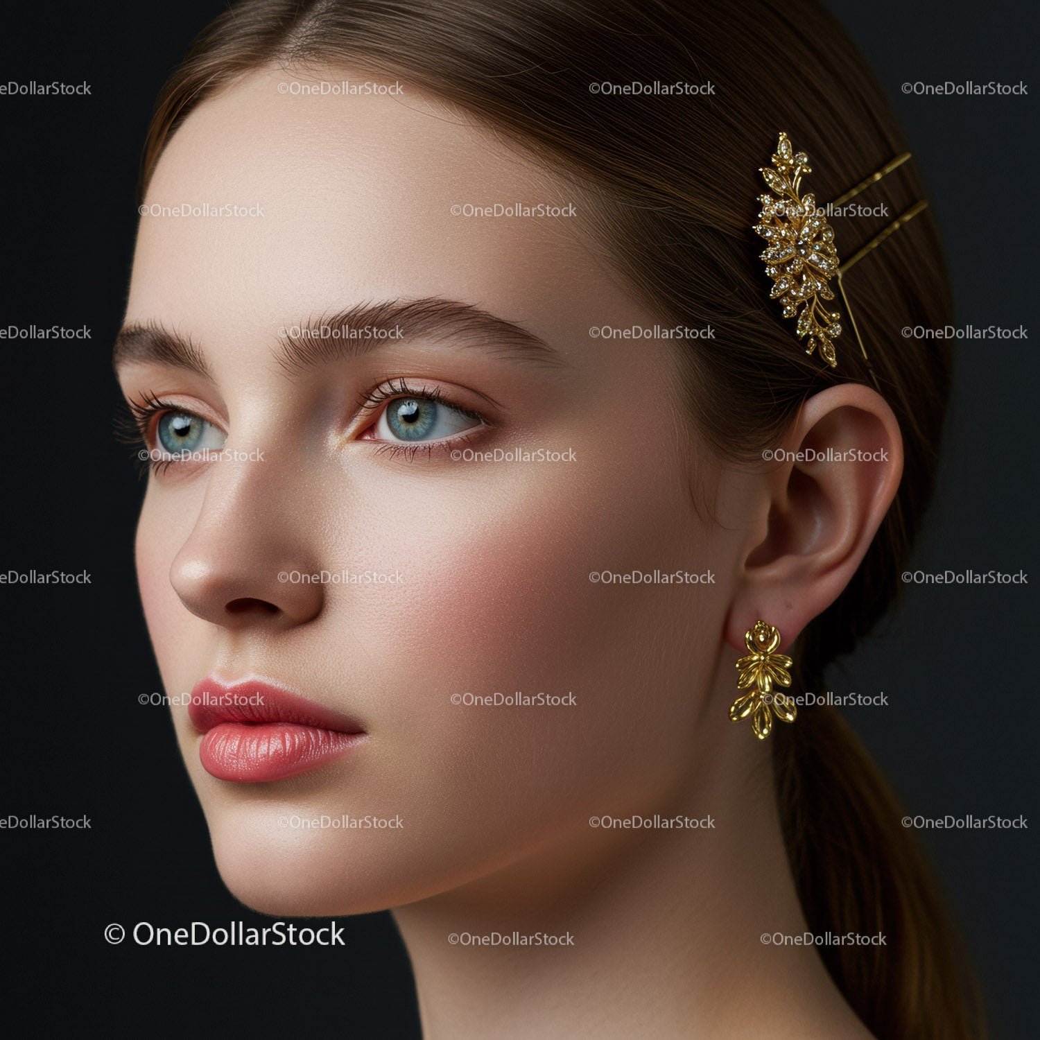 Elegant Woman Wearing Gold Jewelry with Floral Headpiece