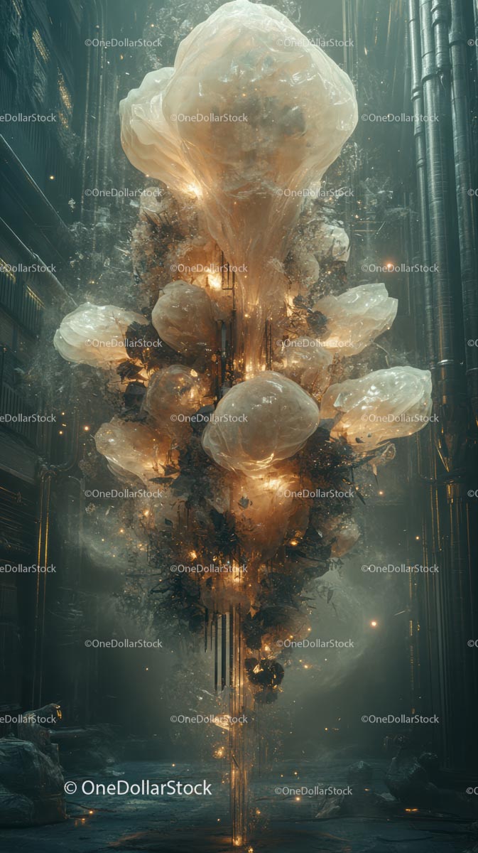Futuristic Industrial Scene with Glowing Cloud Explosion