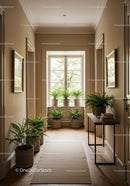 Elegant Indoor Hallway with Potted Ferns and Natural Light