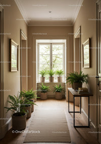 Elegant Indoor Hallway with Potted Ferns and Natural Light