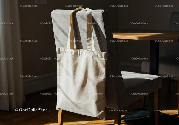 Natural Cotton Tote Bag Hanging on Chair in Sunlight JPG Mockup Image