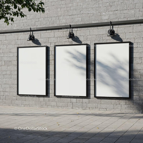 Three Blank Poster Frames on Urban Stone Wall JPG Mockup Image