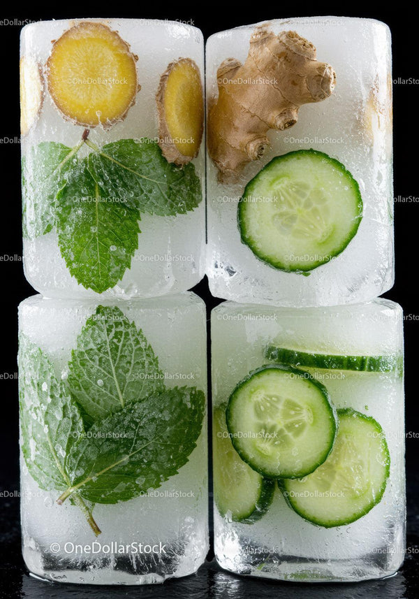 Frozen cubes with herbs ginger and cucumber slices