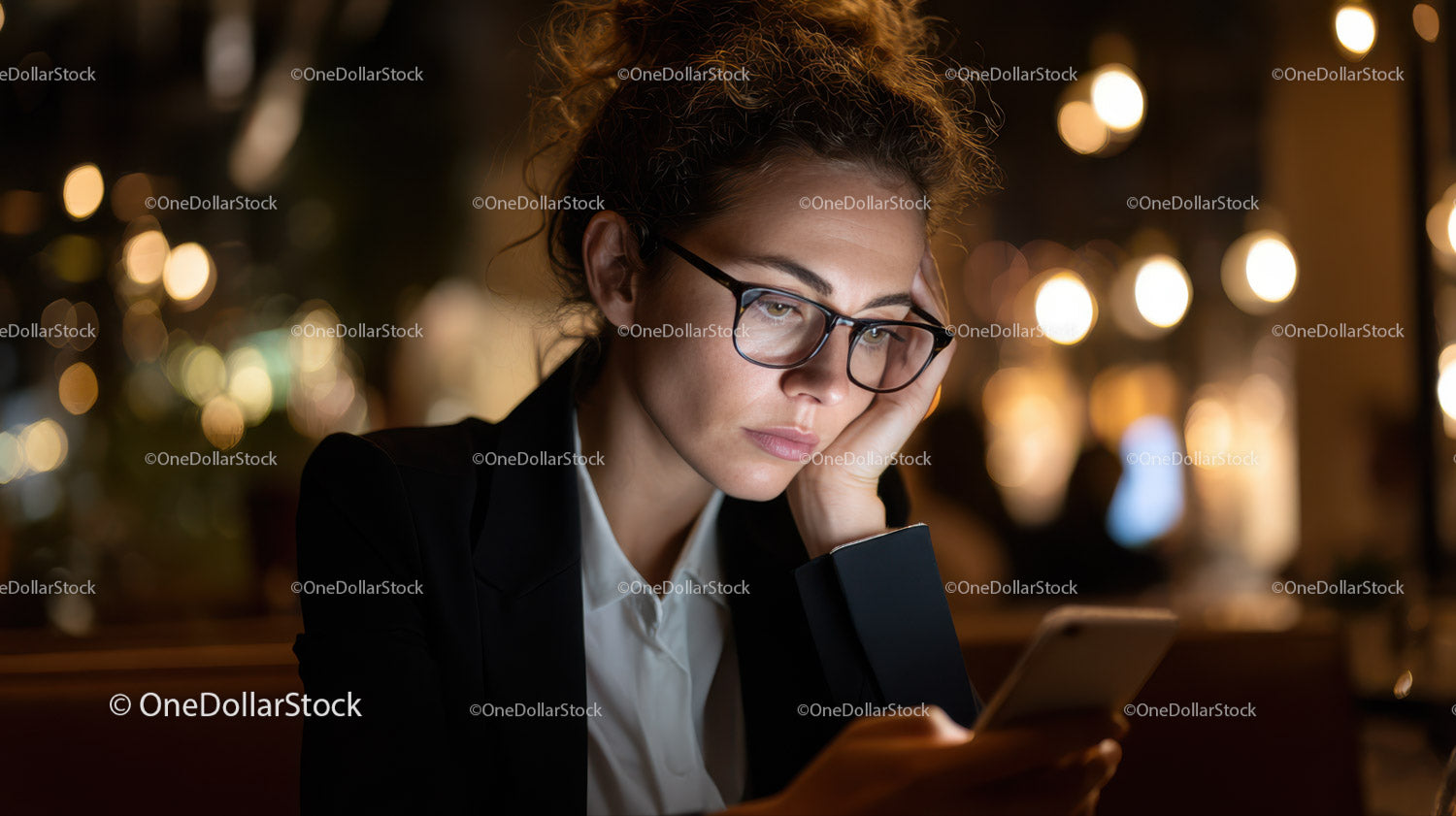 Biznesmenka korzystająca ze smartfona w nocy na tle świateł miasta