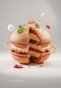 Delicious Strawberry Macaron with Cream Filling and Mint