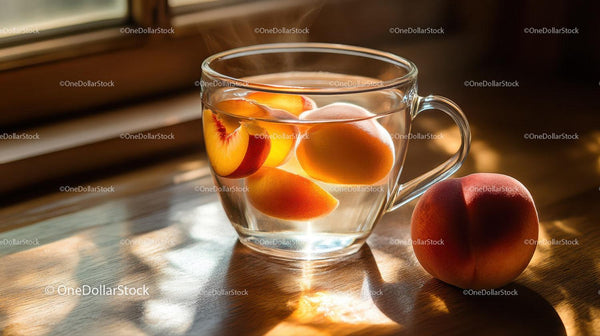 Peach Infused Water in Glass Cup on Wooden Table