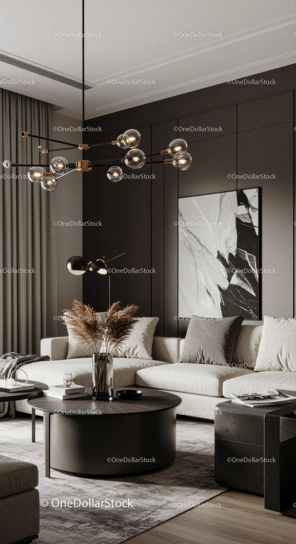 Luxury Modern Living Room with Black Accents and Elegant Decor
