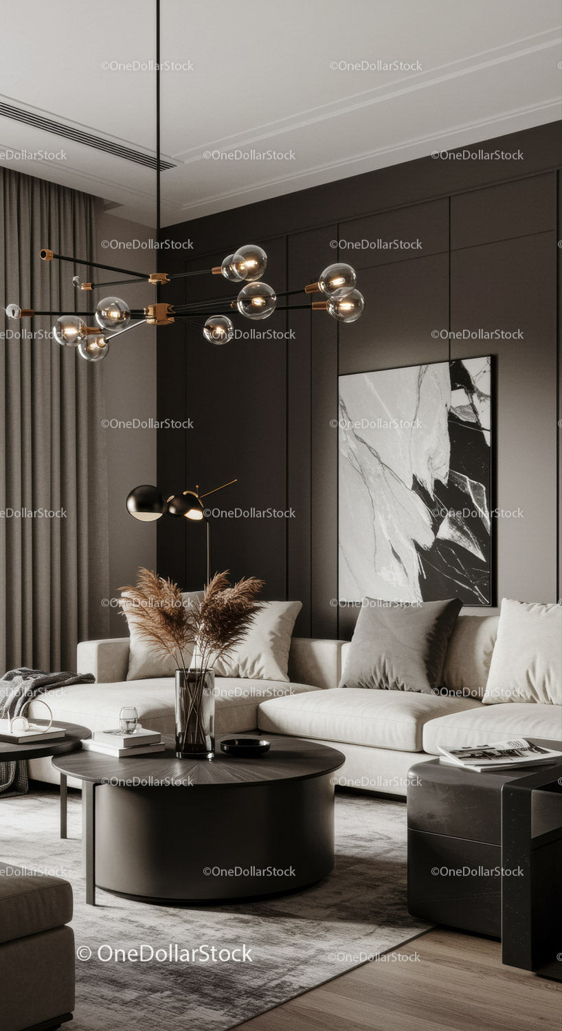 Luxury Modern Living Room with Black Accents and Elegant Decor