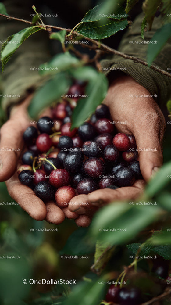 Hand Holding Bright Ripe Cherries in Orchard During Harvest