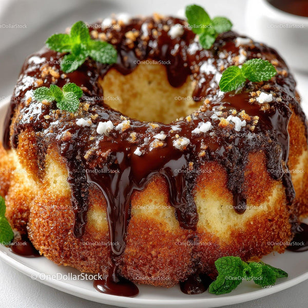 Chocolate Glazed Bundt Cake with Mint Garnish