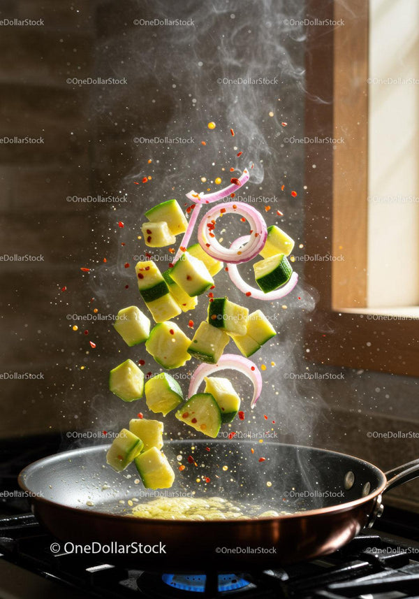 Fresh vegetables tossed midair in sizzling frying pan