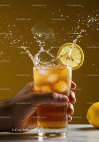 Refreshing iced tea with lemon wedge splash effect