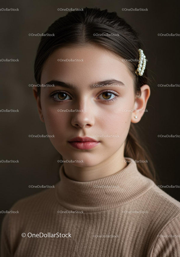 Portret młodej kobiety z perłową ozdobą do włosów w beżowym golfie