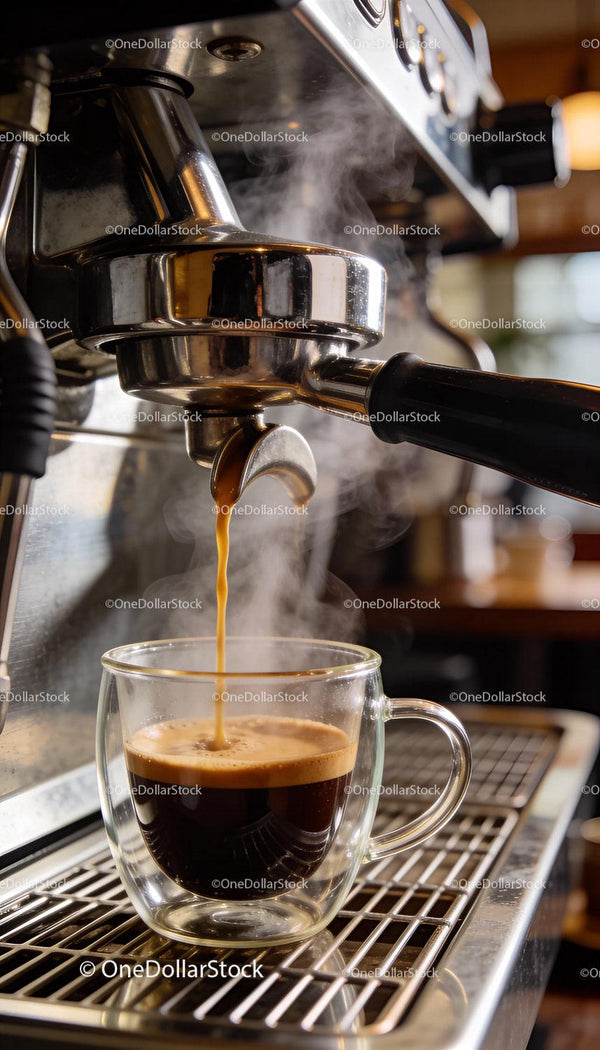 Fresh espresso pouring into glass cup with steam