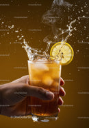 Refreshing iced tea with lemon slice splash