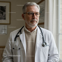 Senior Male Doctor Wearing Glasses with Stethoscope in Medical Clinic