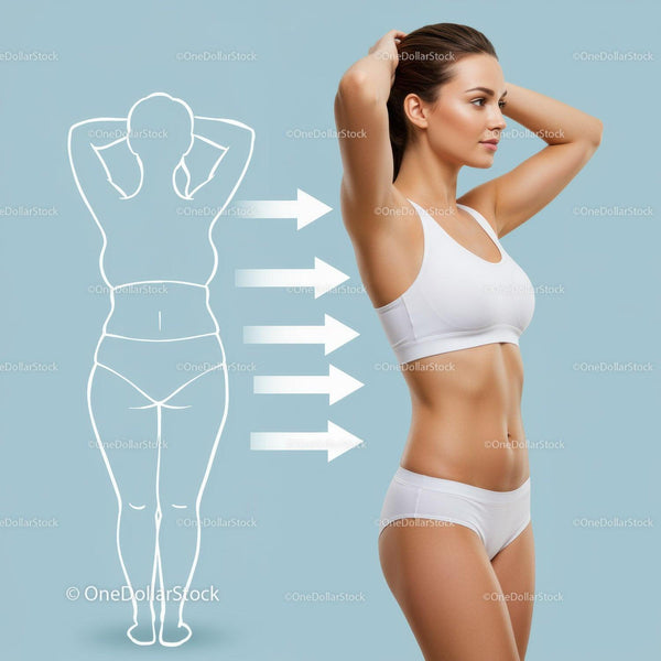 Healthy Woman with Toned Body in White Sportswear on Blue Background