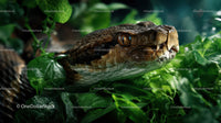 Close-up of a large brown python snake amidst lush green foliage