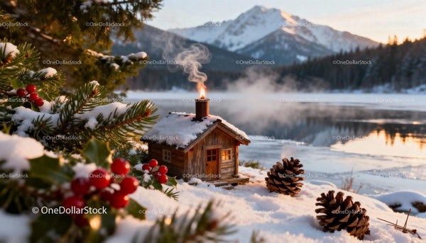 Cozy cabin in snowy landscape with pinecones and berries