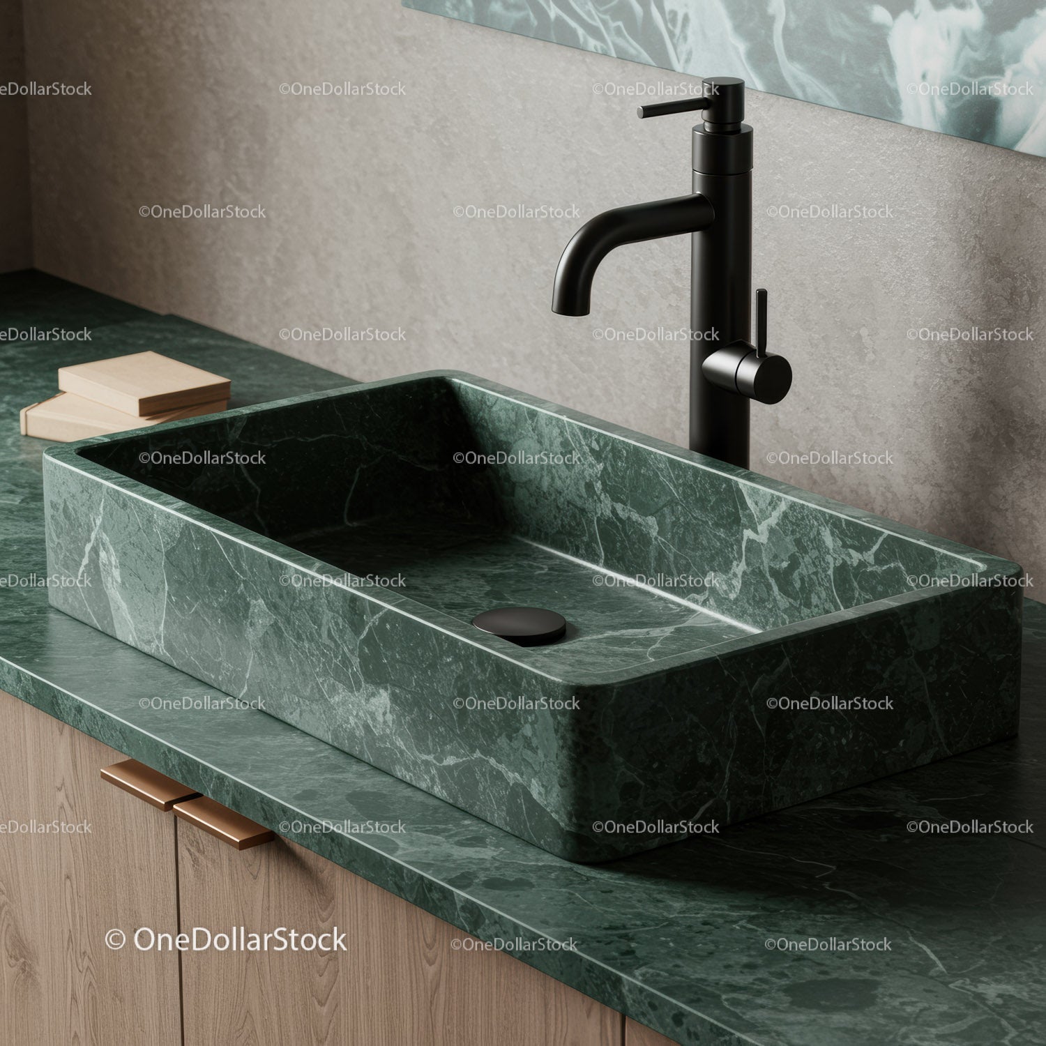 Elegant Green Marble Bathroom Sink with Black Matte Faucet for Modern Interiors