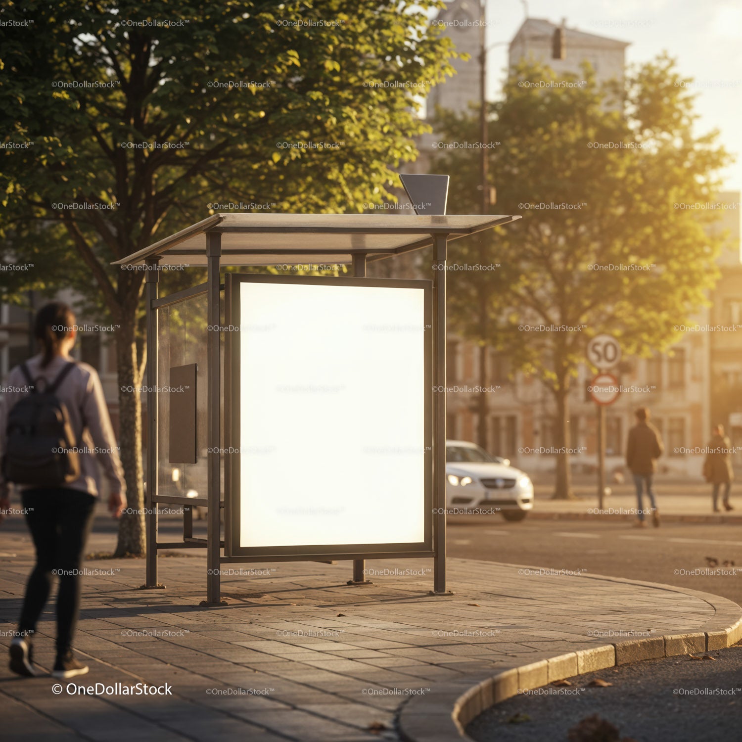 Urban bus stop illuminated by warm sunset light