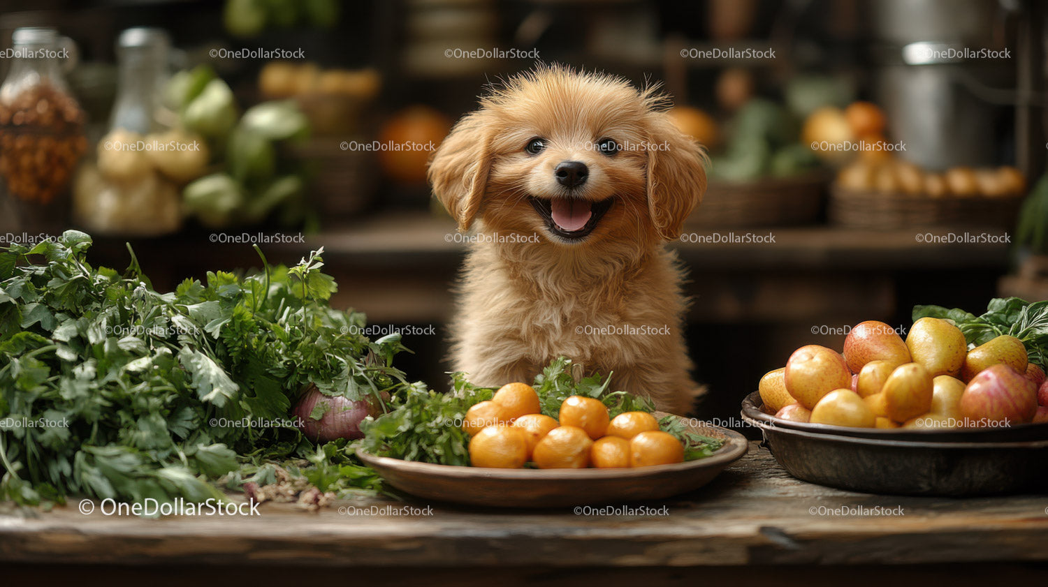 Cute Golden Puppy Surrounded by Fresh Apples and Vegetables
