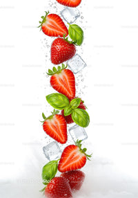 Fresh strawberries with basil and ice cubes in water
