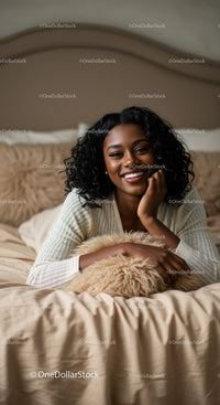 Smiling woman relaxing on bed with cozy pillow