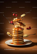 Stack of pancakes with syrup, banana and raspberry toppings