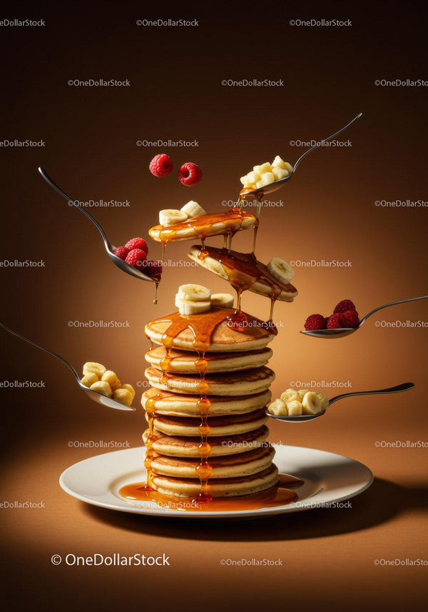 Stack of pancakes with syrup, banana and raspberry toppings