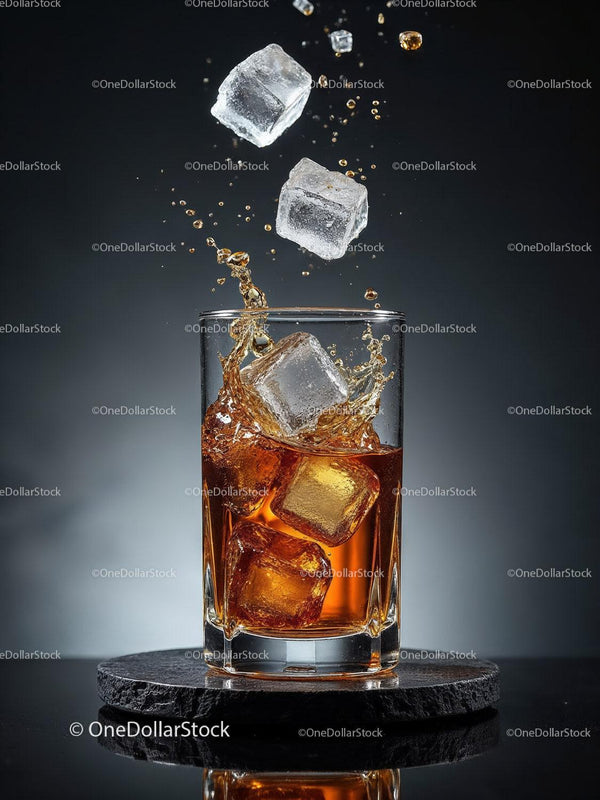 Refreshing splash of whiskey with ice cubes in glass