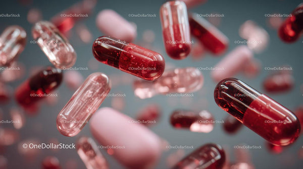 Red Capsules and Pills Scattered on a Gray Background for Medical Use