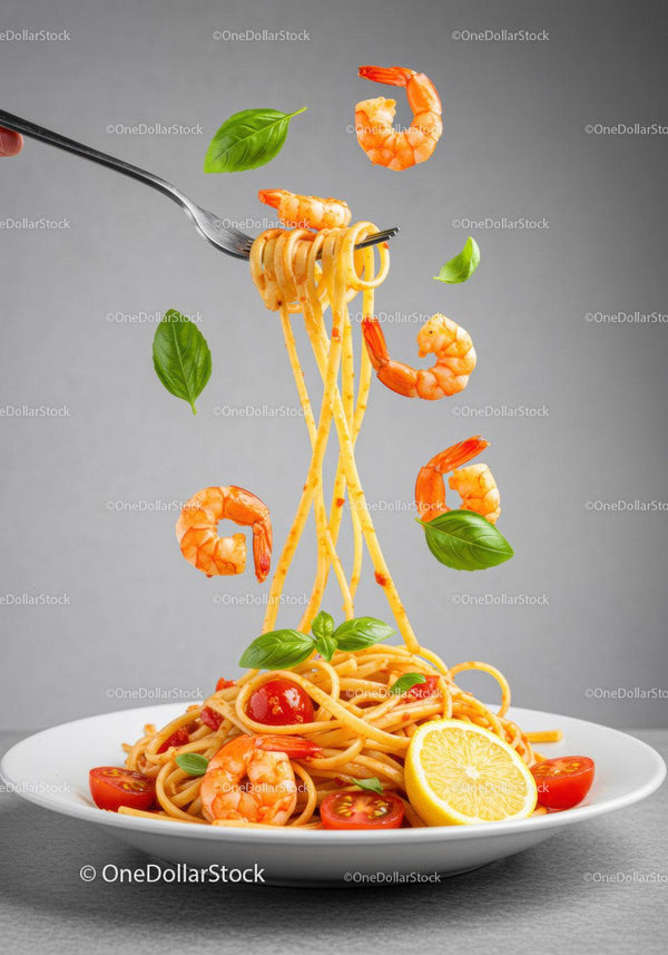 Shrimp spaghetti with fresh basil and lemon wedge