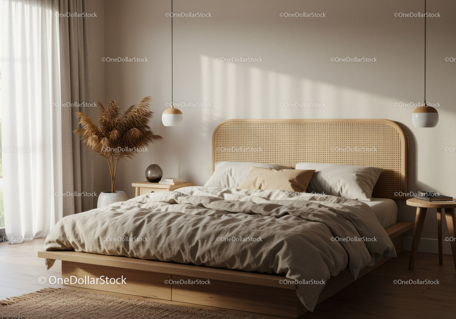 Cozy bedroom with rattan bed and neutral decor